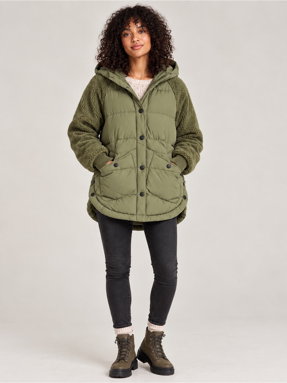 Anthropologie Pilcro Swing Puffer Jacket Moss Green Sherpa Sleeve S NWT